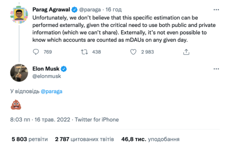 Ілон Маск реагує за допомогою емодзі на роз'яснення CEO Twitter
